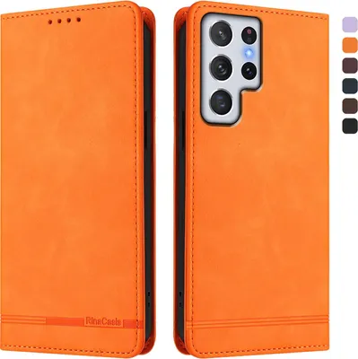 Produktbild von Hülle für Samsung Galaxy S22 Ultra 5G, Retro Kunstleder Ständer Klapphülle mit Kartenfächer und Magnetische Orange