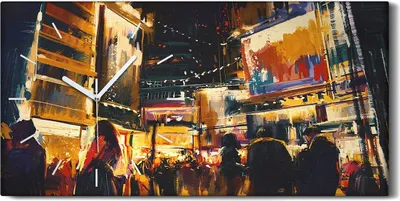 Produktbild von Leinwand Wanduhr Wandkunst Uhr 60x30 Bunte Stadt bei Nacht Digitale Malerei - weiße Hände