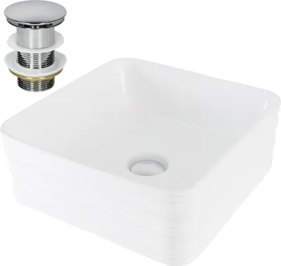 Produktbild von LuxeBath Waschbecken Aufsatzwaschbecken Quadratisch, 39x39x15 cm, Weiß, aus Keramik, inkl. Ablaufgarnitur ohne Überlauf