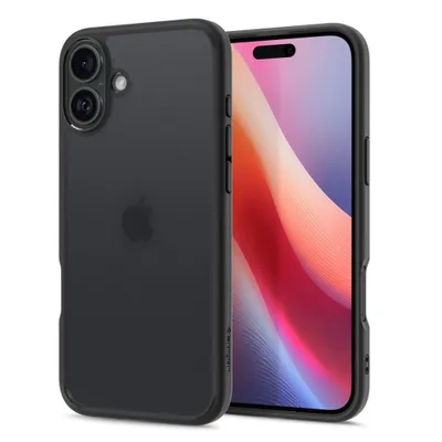 A black iPhone case is shown next to an iPhone with a colorful wallpaper.