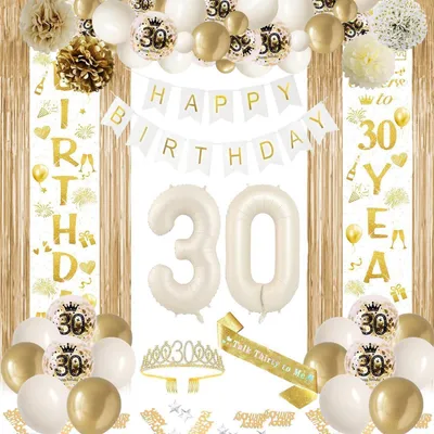 Produktbild von 30 Geburtstag Deko Set Weiß Gold für Mädchen & Frauen mit Girlande, Ballons, Lametta Vorhang & Schärpe