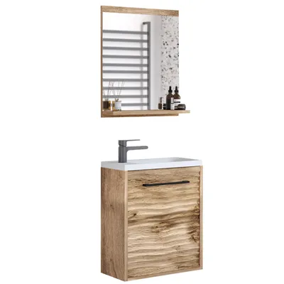 Image de MINIO - Meuble de salle de bain suspendu YUKO 34/12/40 avec vasque et miroir, en chêne Wotan avec motif ondulé