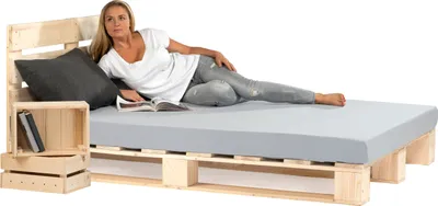 Produktbild von sunnypillow 140x200 cm Palettenbett mit Kopfteil Holzbett Bett aus Paletten Palettenmöbel Naturholz Fichte europalette 80 90 100 120 140 160 180 200 220 240 x 200cm