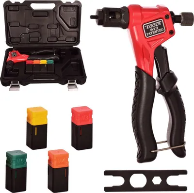 A set of hand riveters and accessories are laid out on a white background.