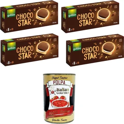 Produktbild von Gullon Choco Star Keks gefüllt mit Sahne und überzogen mit Milchschokolade 4x 235,8gr + Italian Gourmet polpa 400g