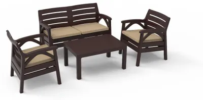 Image de Salon de jardin SAVENNA 4 places marron avec canapé, fauteuils et table basse