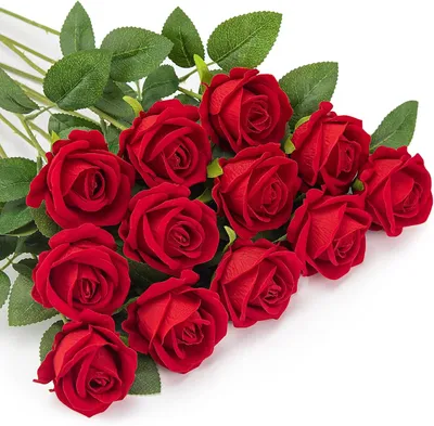 Produktbild von 12 Stück Rot Künstliche Rosen, Künstliche Flanellblumen, Künstliche Blumen, Einzelne Langstielige Blumen, Realistische Dekorative Blumen, DIY-Zimmer