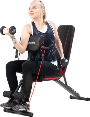 Produktbild von Klappbare Hantelbank, Multifunktion Training Fitness Bank, 8 in 1 Sit-ups Bank mit hochwertigem dickem Polster / 7-Fach Verstellbarer Rückenlehne/Elastisches Seil, Premium Line Trainingsbank