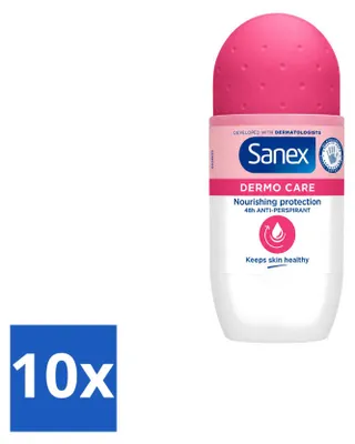 Imagen del producto de 10 unidades de antitranspirante roll-on Sanex Dermo Care, 48 horas de protección, 50 ml. Paquete económico
