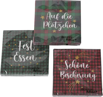 Produktbild von 3 x 20 Servietten Weihnachten Weihnachtsservietten kariert 'Auf die Plätzchen' - grün, rot