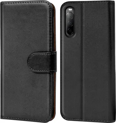 A black flip case for a Sony Xperia 10 III phone is shown from two angles.