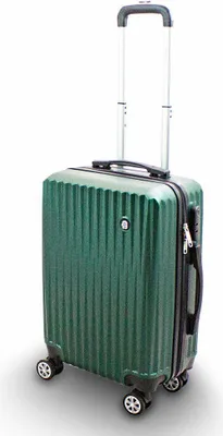 A green hard-shell suitcase with a telescopic handle and wheels, isolated on a white background.