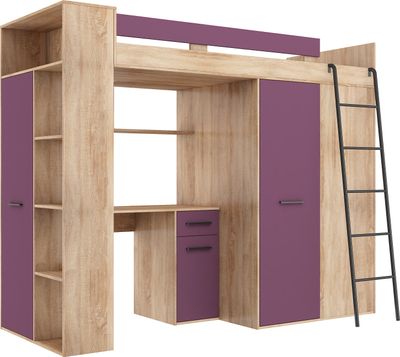 Podkrovná posteľ VERANA R (pravá) Poschodová posteľ Predsieň 90x200 Šatníková skriňa Policové schody SONOMA OAK / VIOLET