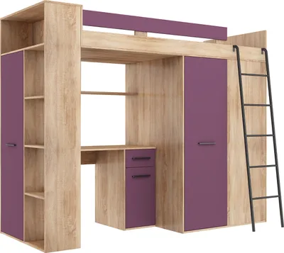 Produktbild von Hochbett VERANA R (Rechts) Etagenbett Entresole Bett 90x200 Kleiderschrank Regal Treppen SONOMA EICHE / VIOLETT