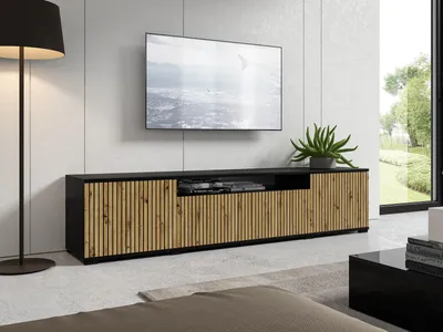 Produktbild von TV- Schrank 200 cm PANAMA Fronten Eiche artisan, 4 geräumige Regale, Fach für den Receiver, TV Möbel, Push-Open, niedrige schwarze Fü - Eiche, Schwarz