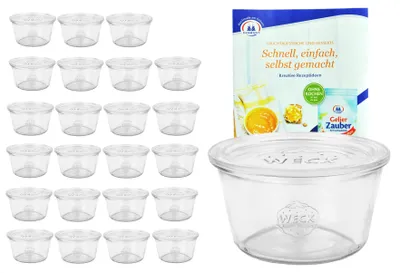Zdjęcie produktu dla zestaw 24 kubków Weck o pojemności 290 ml, słoików 1/5 l z 24 szklanymi pokrywkami i książeczką z przepisami