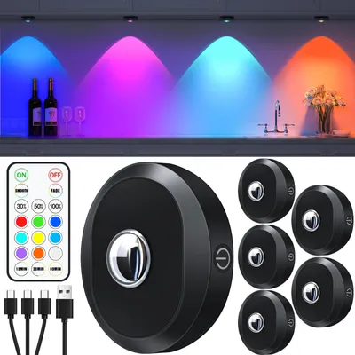 Obrázek produktu pro Sada 6 RGB LED světel s USB nabíjením, s baterií a dálkovým ovládáním, měnících barvy. Magnetická, stmívatelná LED světla do skříněk, napájená baterií. Bezdrátová osvětlení vitrín s funkcí časovače