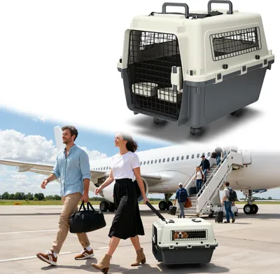 Zdjęcie produktu dla Bettizia – transporter dla zwierząt domowych z kółkami, wymiary 67,3 x 54,9 x 51,5 cm, wykonany z tworzywa sztucznego, kolor szaro-biały