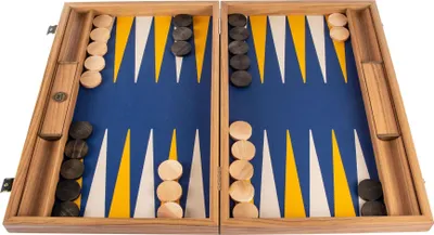 Zdjęcie produktu dla Zestaw do backgammona Manopoulos Premium – królewski niebieski skóra ekologiczna i orzech amerykański – wykonany ręcznie (48 x 30 cm)