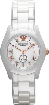 A white ceramic Emporio Armani watch with rose gold accents.