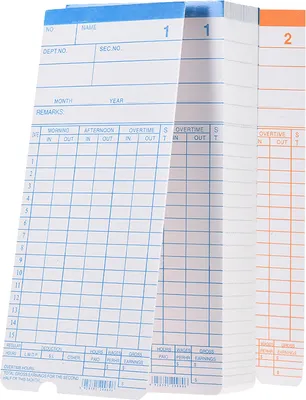 A stack of time cards, with the front card partially open.