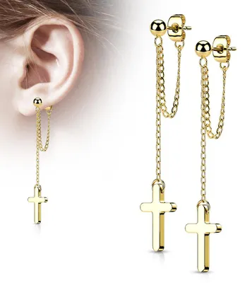 Produktbild von Kreuz Ohrstecker hängend: Edelstahl Ohrhänger mit Kette Gold