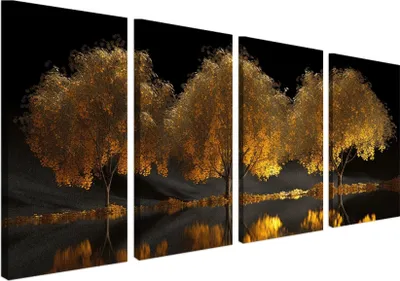 Produktbild von Wandbild Wanddeko Goldene Bäume auf Leinwand - ökologische Tinte, Wasserfest - 4 Teilig 80x160 cm Leinwandbilder für wohnzimmer, schlafzimmer