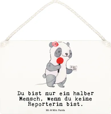 Produktbild von Mr. & Mrs. Panda Schild Reporterin Herz DIN A6 - Weiß - Geschenk, holzbild, Türschild, Wandbild Holz, kleine aufmerksamkeit, hängeschild