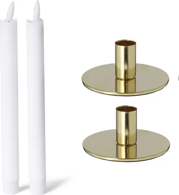 Produktbild von Novaliv 2er-Set Kerzenhalter Metall rund GOLD 10x5cm mit LED Premium Echtwachskerzen Tafelkerze Flackereffekt weihnachtliche Tischdekoration Kerzenständer Kerzenpin scandic chic vintage Kerzenhalter