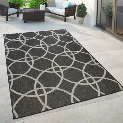 Produktbild von Teppich Schwarz Outdoor Balkon Terrasse Wohnzimmer Flur Kreis Design Robust Grösse 60x100 cm