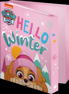 A pink box with 'Paw Patrol' branding and 'Hello Winter' text, featuring a cartoon dog character.
