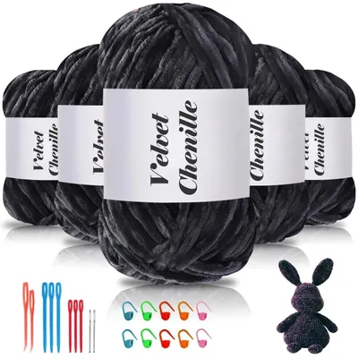 Image de Fil chenille, 500g (5 pelotes de 100g), bleu-gris, pour tricoter et crocheter