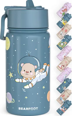Produktbild von Trinkflasche Kinder Edelstahl mit Strohhalm, Thermosflasche 400ml - BPA frei, auslaufsicher, Kleinkinder, Mädchen & Jungen Wasserflasche - Bär blau