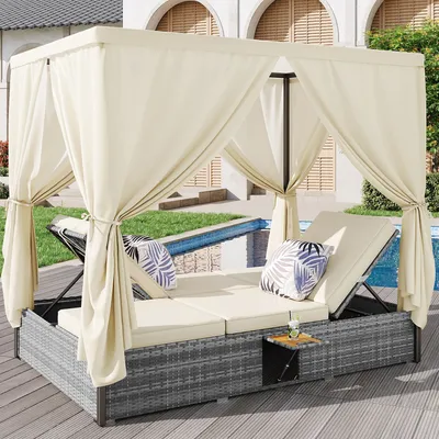 Produktbild von MODFU  Gartenmöbel Gartenliege Rattanliege Doppelbett Loungesessel Liegestuhl mit Schattenvorhang, Outdoor-Möbel für Lounge, Balkon und Garten  mit Kissen und Klapptisch, Weiß