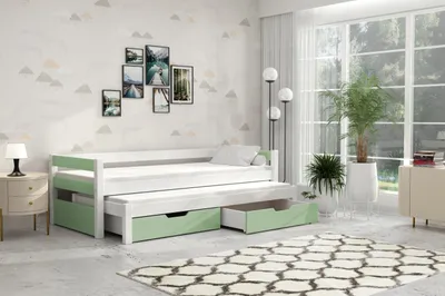 Produktbild von thematys Jugendbett Kinderbett mit Ausziehbett 2 Schubladen 90x200cm inkl. 2 Matratzen in Grün Kinderbett aus Kiefernholz