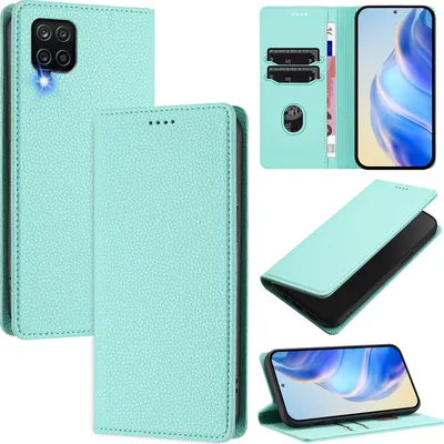 Produktbild von Litchi Leder Handyhülle für Samsung Galaxy A12 Wallet Kartenfächer Standfunktion Hülle Türkis