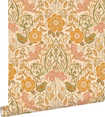 Immagine prodotto di ESTAhome carta da parati fiori e uccelli in stile art nouveau arancione e verde 50 x 900 cm