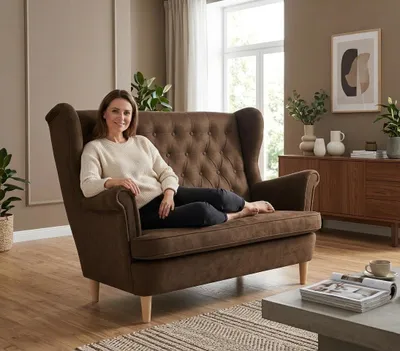 Produktbild von Zweisitzer-Sofa DIANA1 Royal – Gesteppte Rückenlehne, Velours in Braun, Family Meble, KI-generiertes Bild