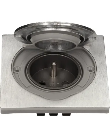 A close-up view of a hermetic socket with its lid open, showing the internal mechanism. The socket is made of stainless steel and has a gray plastic housing.