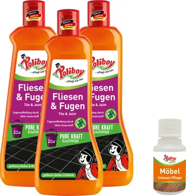 Produktbild von Poliboy Fliesen & Fugen Konzentrat - 3x500ml - zur kraftvollen Reinigung aller gefliesten Oberflächen - für Innen- und Außenbereiche - mit Möbel Probe