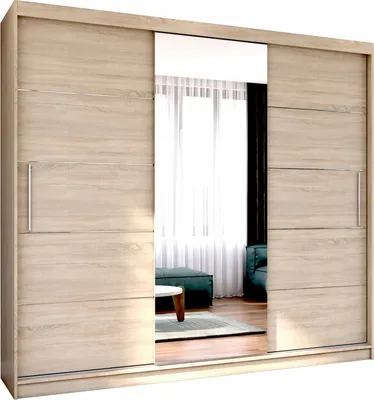 Produktbild von Easy4You Astra Sonoma Schiebetürenschrank Kleiderschrank 233x218x61 cm mit Spiegel - Schlafzimmermöbel, Aufbewahrung – Mehrzweckschrank mit 2 Kleiderstangen