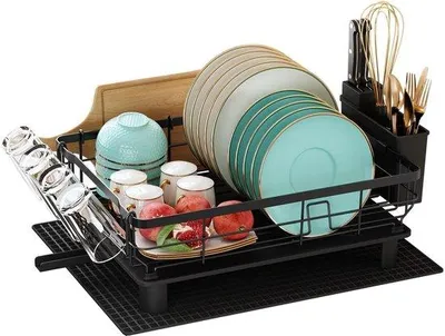 Productafbeelding van Unyqoos® Afdruiprek – Afdruiprek voor servies met een 360° draaibare uitloop, afneembare 2-laags constructie, messenhouder, roestvrij gecoat, 42,9 x 32,5 x 33 cm