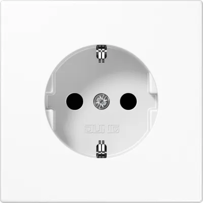 A close-up studio shot of a white electrical outlet on a white background.