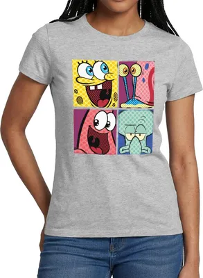 Produktbild von Spreadshirt SpongeBob Schwammkopf Patrick Gary Thaddäus Frauen T-Shirt, M, Grau meliert