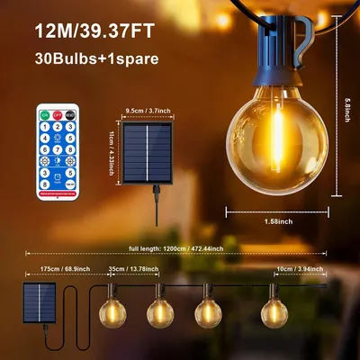 Produktbild von Solar-LED-Lichterkette - G40-Lampen - 12 m - 30 Lampen - Fernbedienung - Dimmbar - IP44-wassergeschützt - Für den Außenbereich
