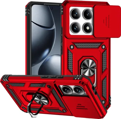 Obrázek produktu pro Pouzdro pro Xiaomi 14T Pro dvouvrstvé pouzdro s posuvným krytem kamery a prstencovým stojánkem Červený