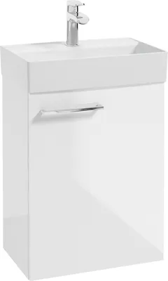 Produktbild von Badezimmer Waschtisch in weiß Hochglanz lackiert mit Metallgriff in chrom MESSINA-107, B/H/T ca. 48,5/70/31,5 cm