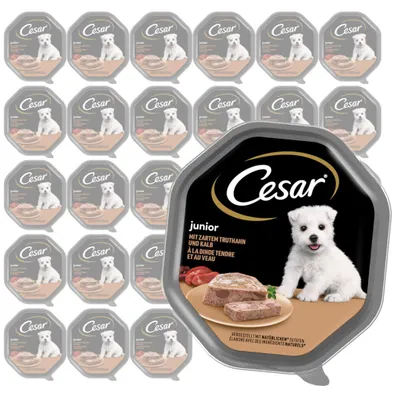 Produktbild von Cesar Junior 28x150g Nassfutter Alleinfuttermittel für Welpen mit Pute und Kalbfleisch im Pastetenformat