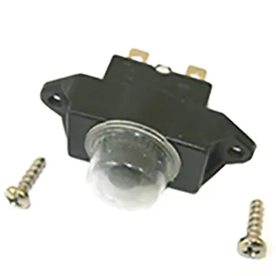 A black electrical component with a clear dome, likely a switch or sensor, is shown with two silver screws on a white background.
