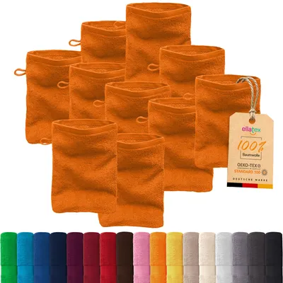 Produktbild von 10er Pack EllaTex Waschhandschuhe 15x21 cm 100% Baumwolle, 500 g/m² Handtücher Set weich saugstark Serie Paris, in Farbe: Orange